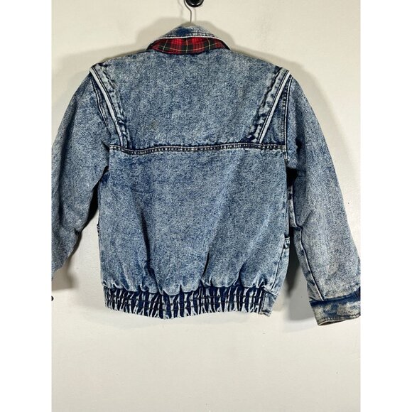 Vintage Acid Wash Denim Jean Bomber Jacket Blue 10 Flannel Plaid 80s Y2K Preppy - Picture 13 of 16